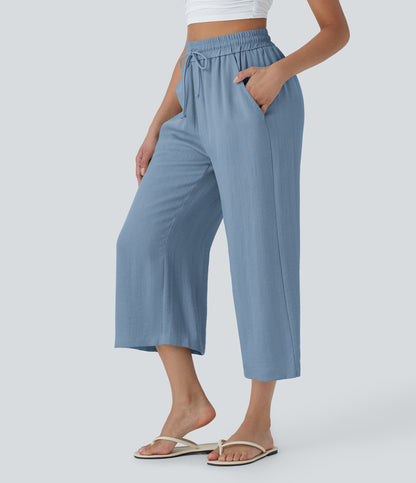 High Waisted Drawstring Wide Leg Cropped Casual Linen-Feel Pants with Pockets