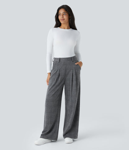 High Waisted Pocket Wide Leg Houndstooth Plaid Casual Pants