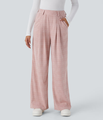 High Waisted Pocket Wide Leg Houndstooth Plaid Casual Pants
