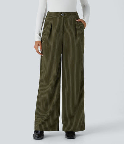 High Waisted Zipper Pocket Wide Leg Striped Work Pants