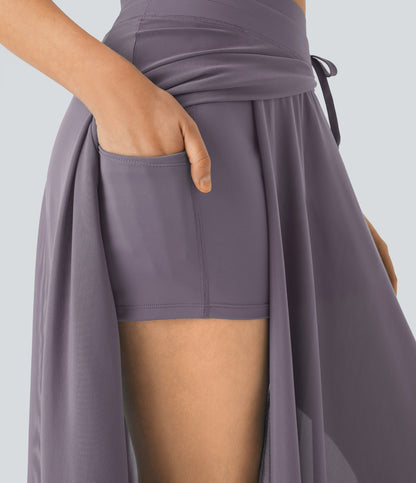 High Waisted Drawstring Contrast Mesh 2-in-1 Pocket Flowy Maxi Flare Casual Skirt
