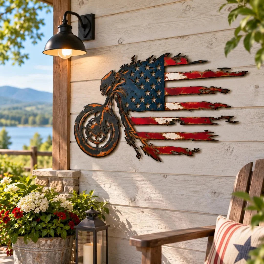 Vintage American Flag Motorcycle Metal Wall Art