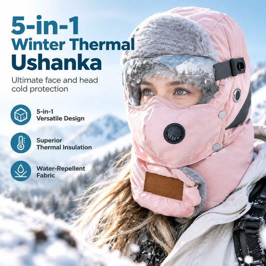Winter Thermal Ushanka Hat with Detachable Face Mask and Goggles - 5-in-1 Windproof Cold Weather Gear