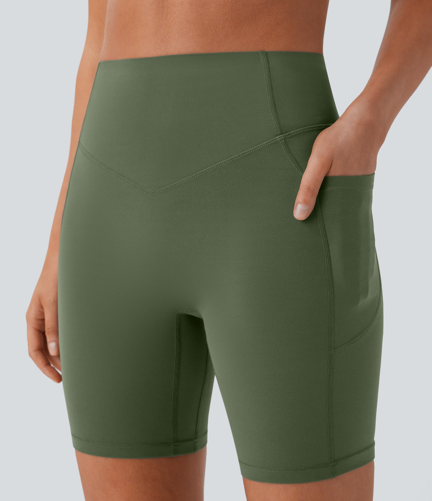 Høy midje, skrumpet rumpeløftende, magekontroll, formende treningsbiker-shorts med sidelommer, 18 cm