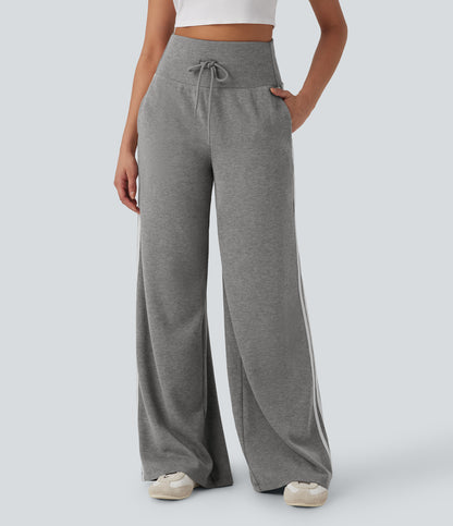 High Waisted Tummy Control Drawstring Wide Leg Color Block Casual Pants with Pockets