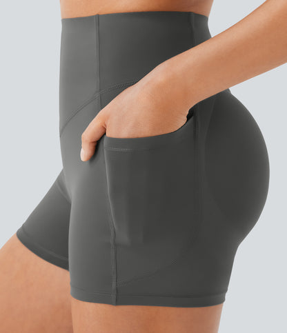 Høy midje, skrumpet rumpeløftende, magekontroll, lommeformende treningsbiker-shorts 7,5 cm