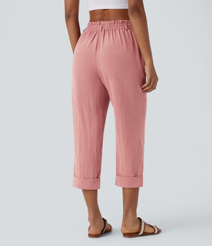 High Waisted Zipper Pocket Capri Linen-Feel Pants