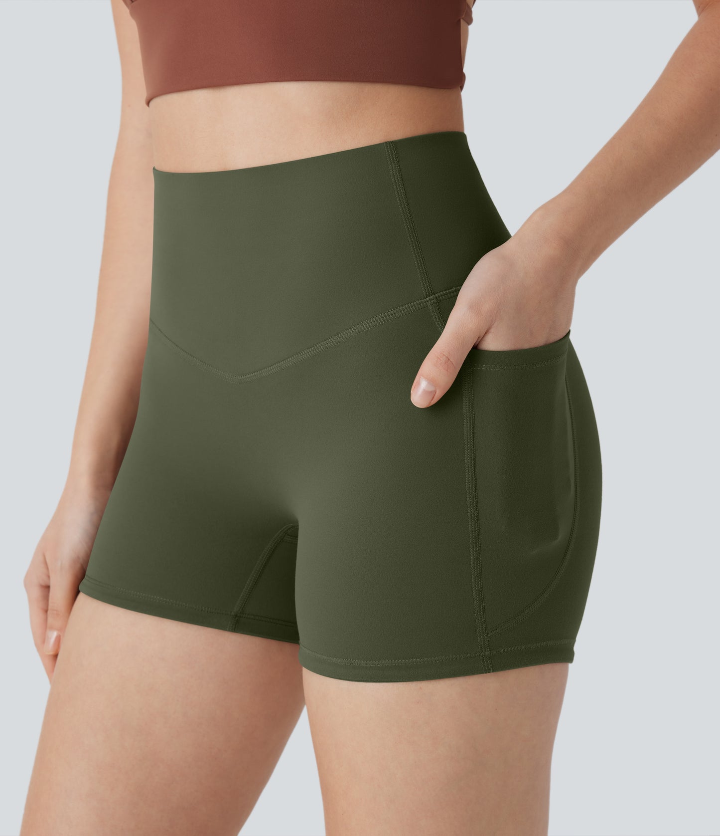 Hoch taillierte, bauchkontrollierende, formende Trainings-Bikershorts mit Tasche, 3 Zoll