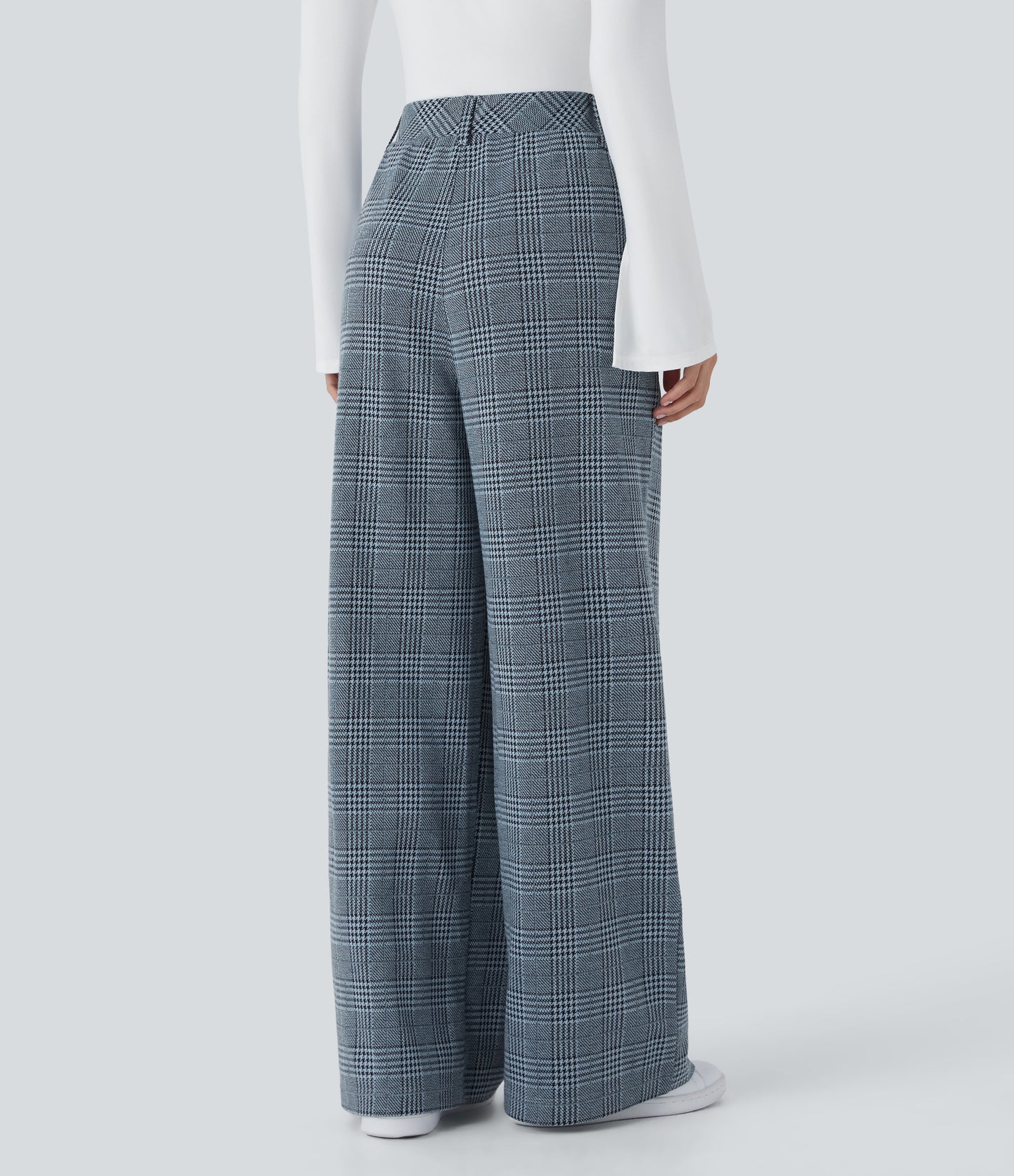High Waisted Pocket Wide Leg Houndstooth Plaid Casual Pants