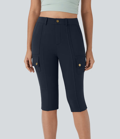 High Waisted Zipper Pockets Solid Skinny Pedal Pusher Casual Cargo Pants