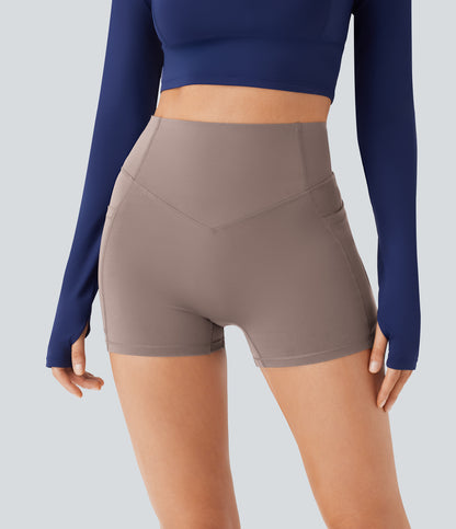 Høy midje, skrumpet rumpeløftende, magekontroll, lommeformende treningsbiker-shorts 7,5 cm