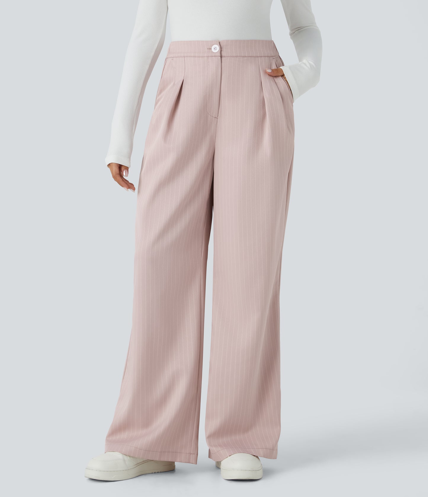 High Waisted Zipper Pocket Wide Leg Striped Work Pants