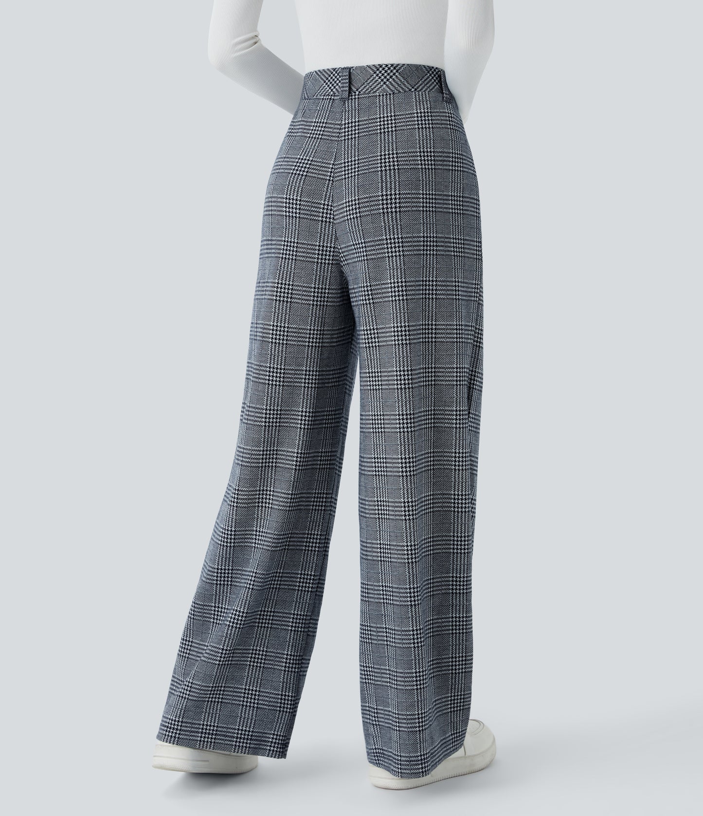 High Waisted Pocket Wide Leg Houndstooth Plaid Casual Pants