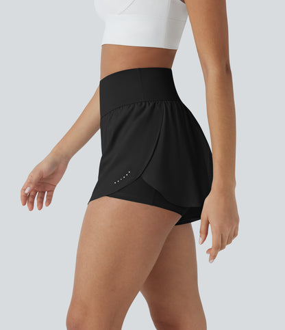 QuickDry Laufshorts mit hoher Taille, reflektierenden Punkten, überkreuztem Saum und 2-in-1-Taschen