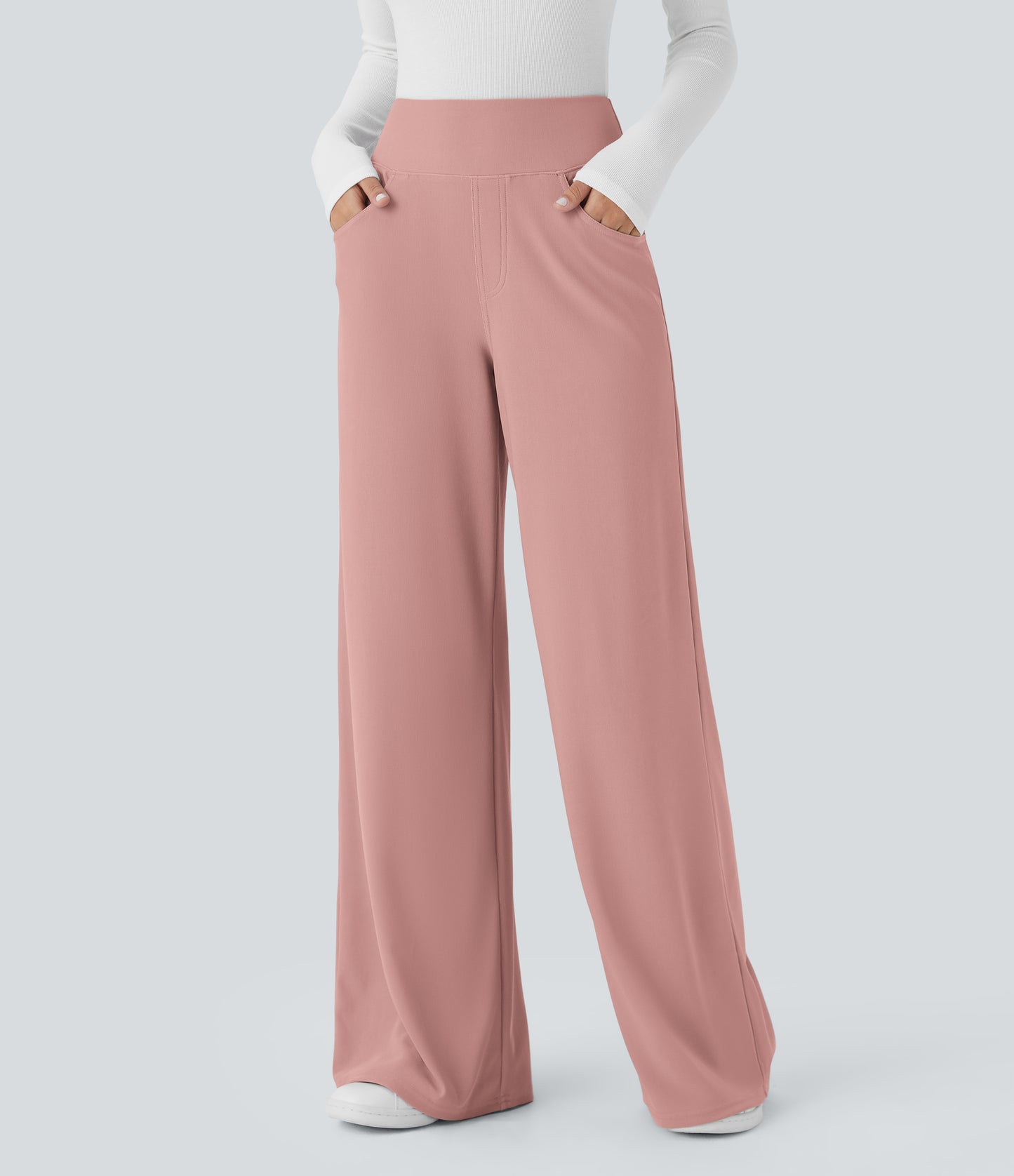 High Waisted Tummy Control Pockets Wide Leg Micro Waffle Work Pants