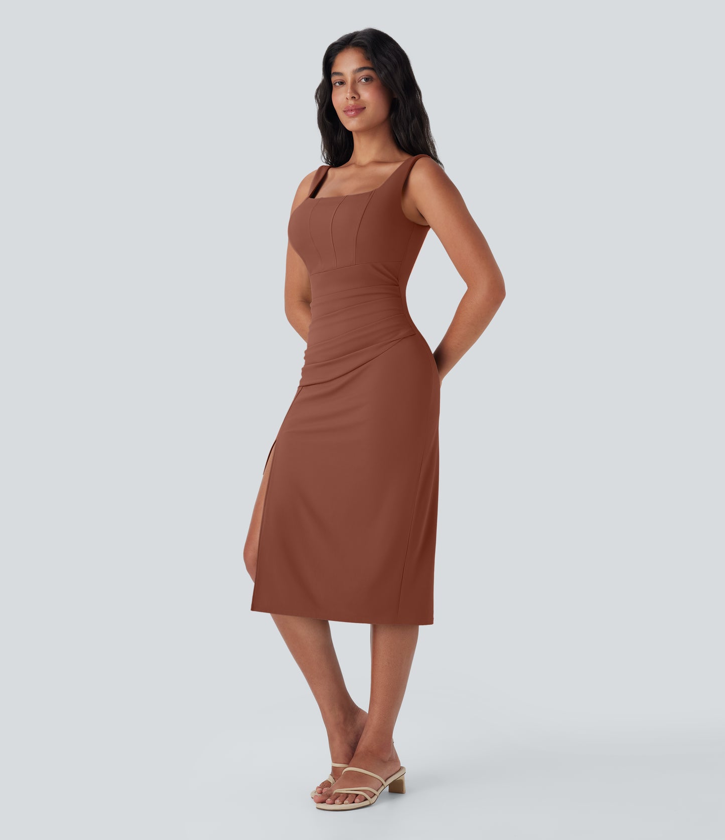 Square Neck Corset Ruched Bodycon Midi Cool Touch Dress-D/DD/DDD/F Cups