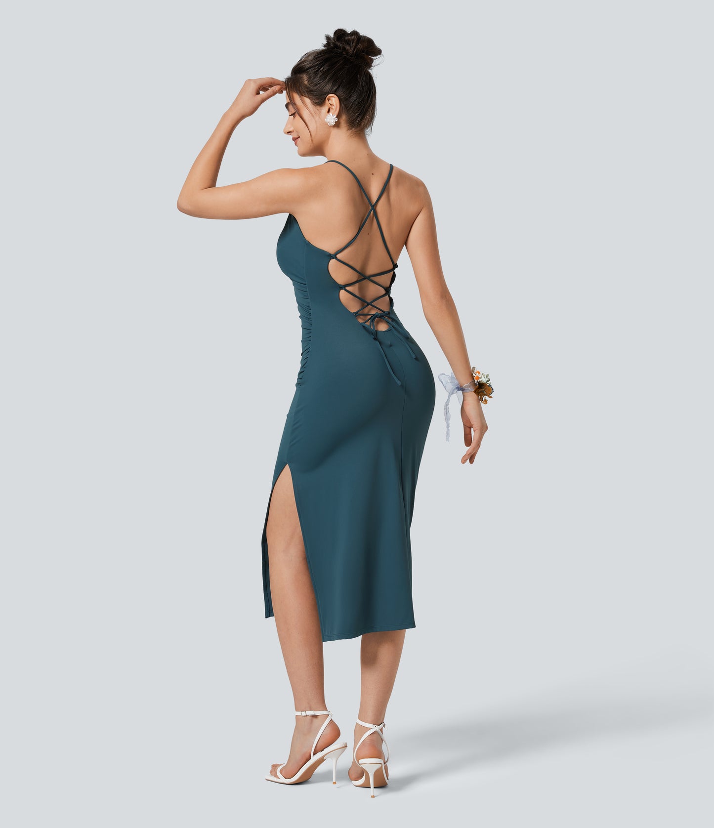 Crossover Ruched Lace Up Bodycon Cool Touch Dress-UPF50+