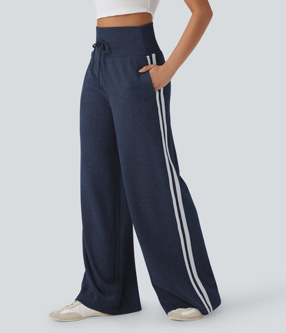 High Waisted Tummy Control Drawstring Wide Leg Color Block Casual Pants with Pockets