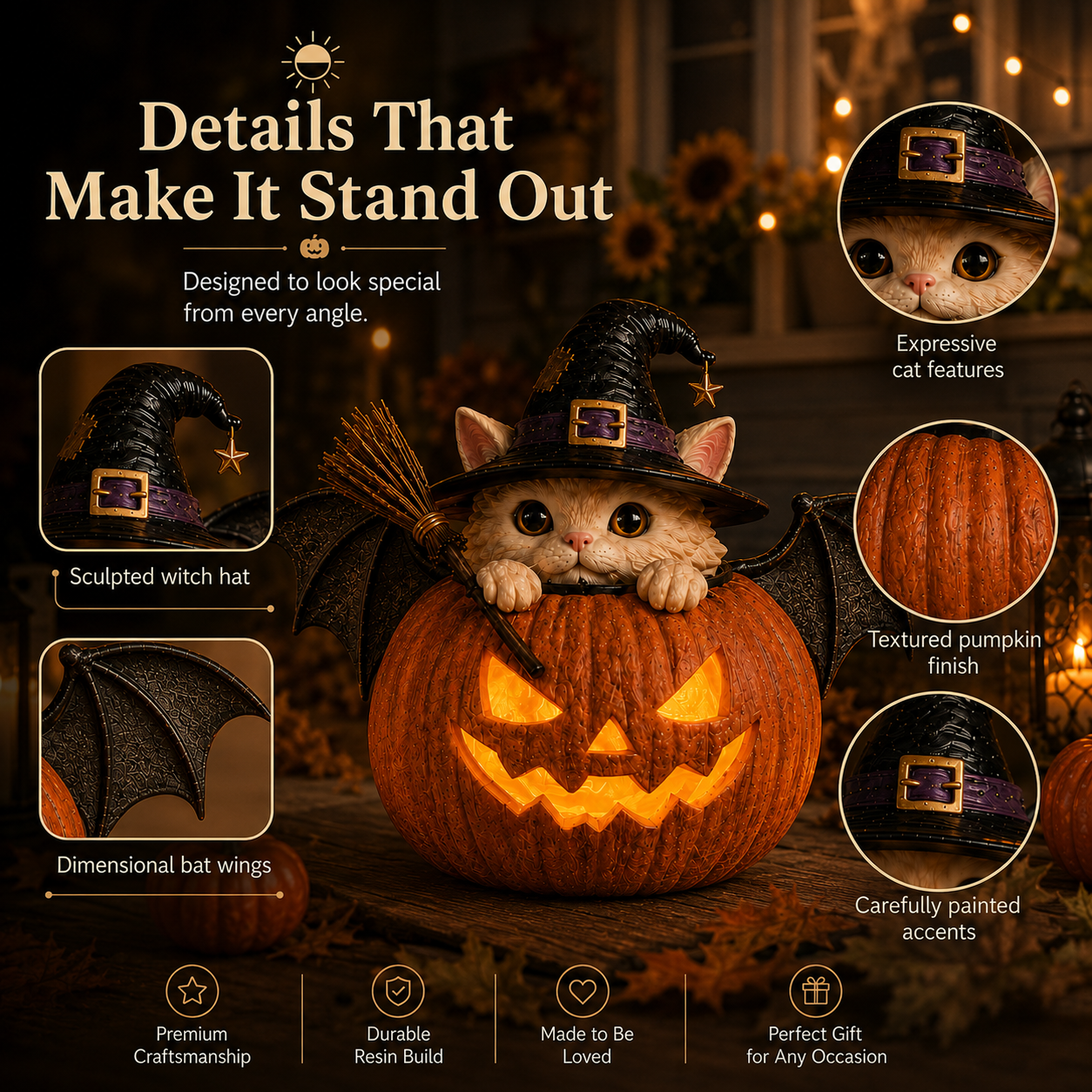 Summerween Lighted Witch Cat Pumpkin Decor with Flickering LED Timer