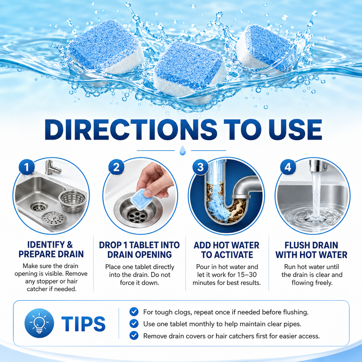 💥Drain Cleaning Tablets 12 Pack For Sinks, Showers & Washing Machines