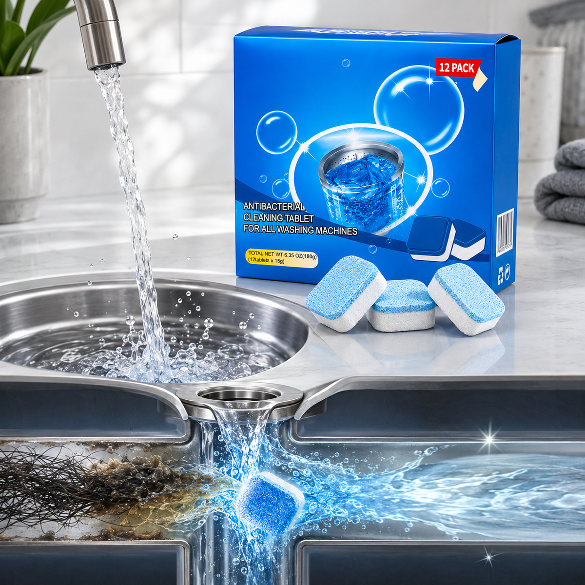 💥Drain Cleaning Tablets 12 Pack For Sinks, Showers & Washing Machines