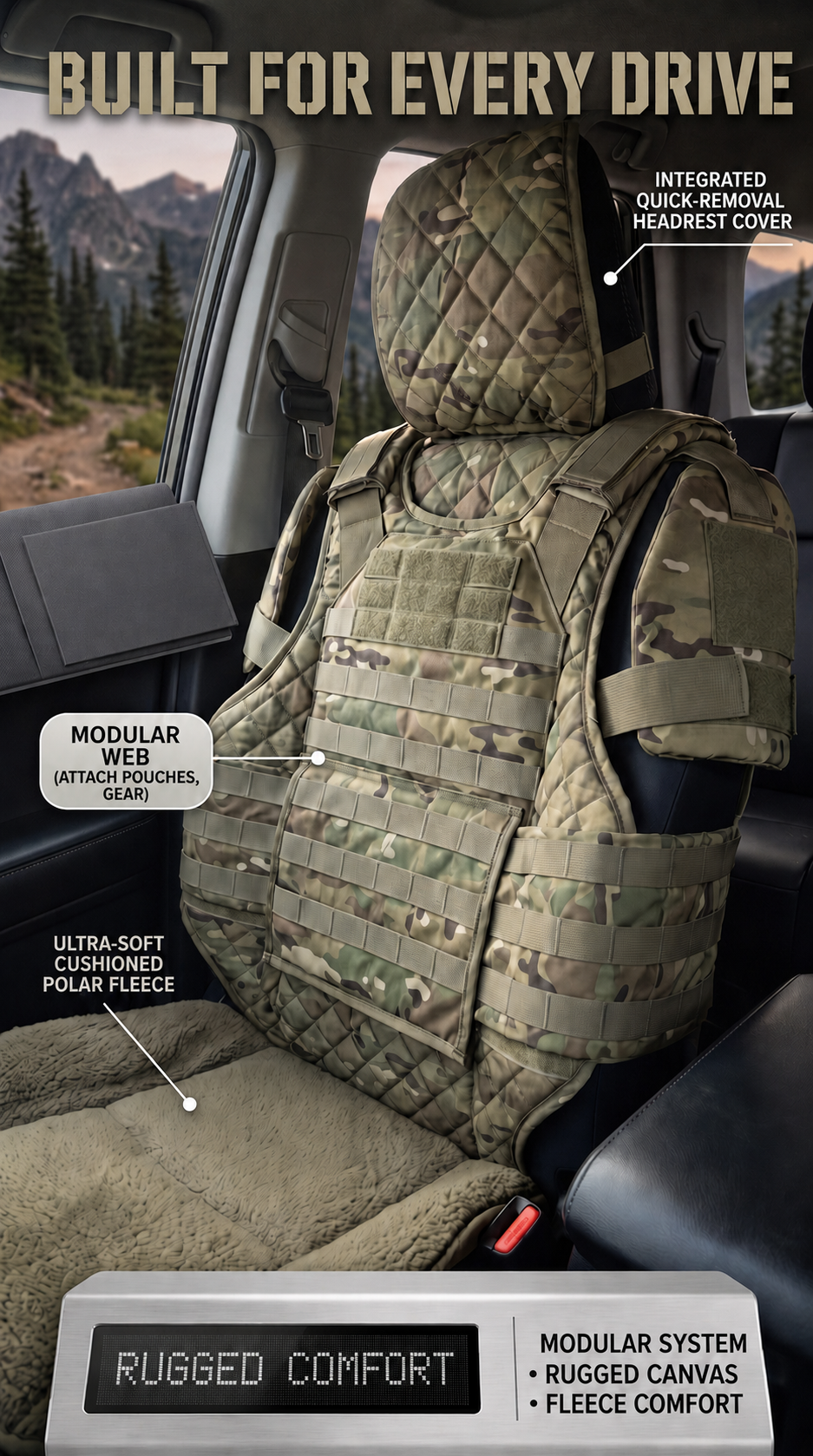 Tactical truck seat cover installed for outdoor driving