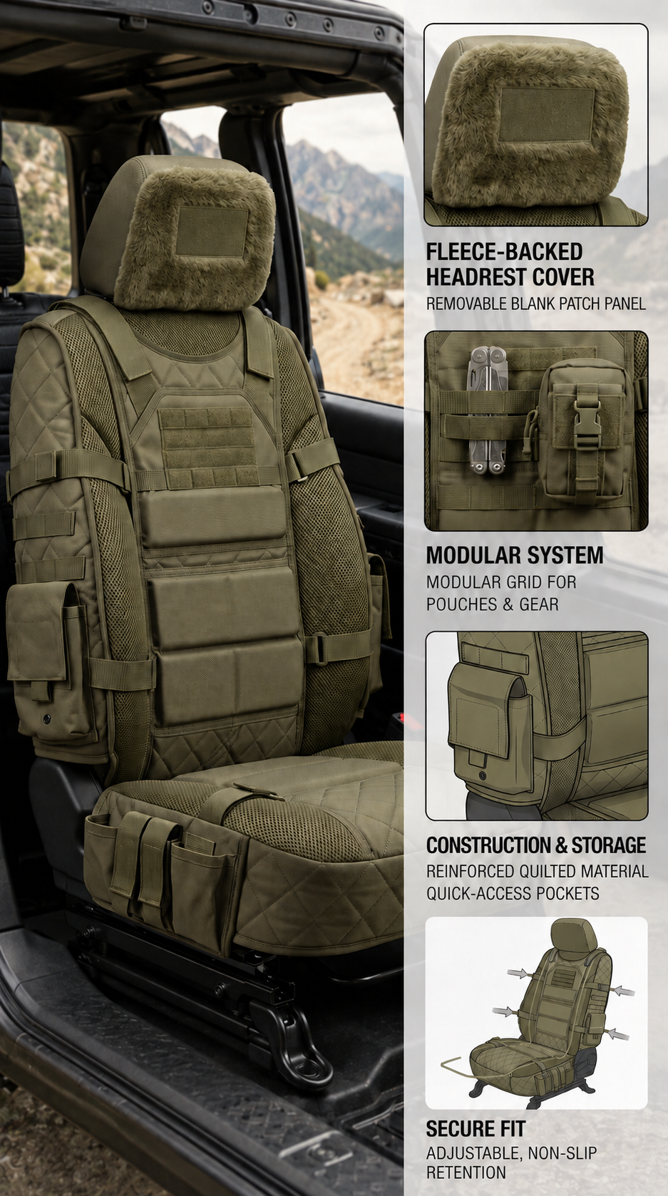 Rugged seat cover modular storage and secure fit details