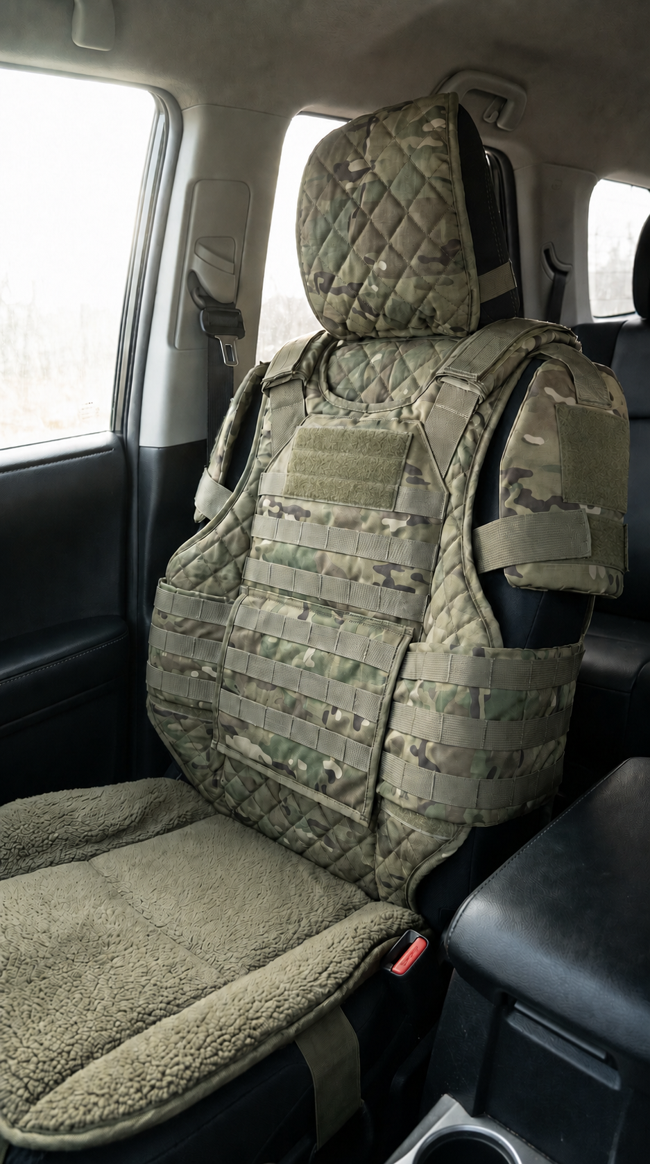 Multicam rugged truck seat cover installed in vehicle