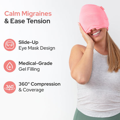 Upgrade💫 Migraine Relief Cap  - Built-in Slide-up Eye Mask -  360° Compression Hangover Hat with Cooling Gel for Tension and Stress