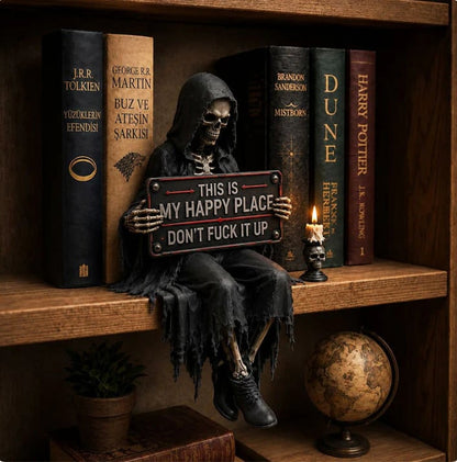 💀“This Is My Happy Place” Gothic Skeleton Bookshelf Decor with Skull Candle Holder🔥